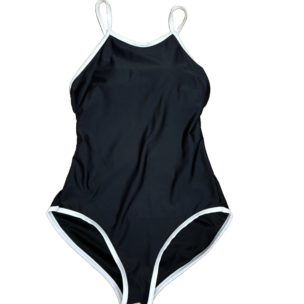 One Piece Swimsuit Womens M Black White Contrast High Neck Beach Vacation Pool